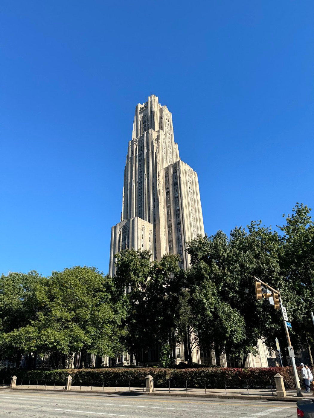 The Cathedral of Learning tower rising above the trees in Pittsburgh, near Carnegie Mellon.